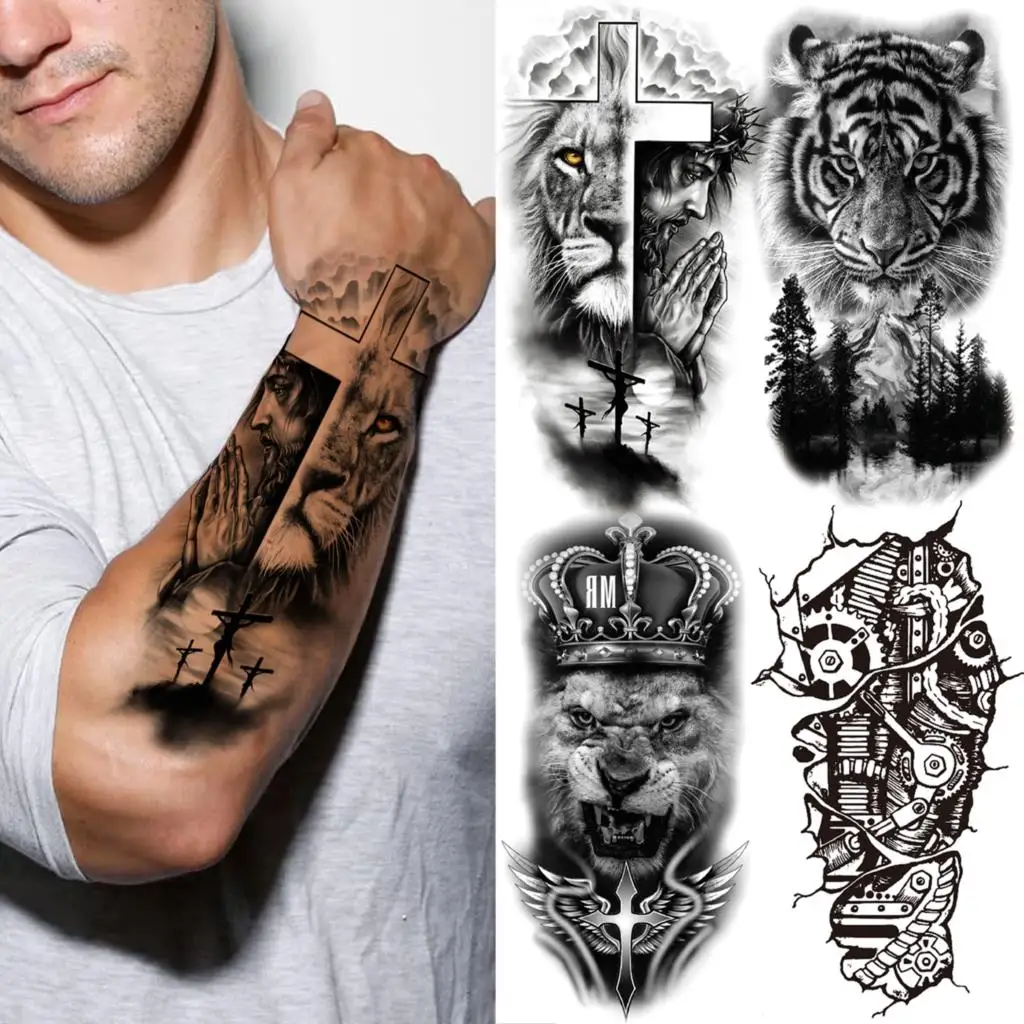 God Cross Lion Temporary Tattoos For Men Women Realistic Compass Lion Fake Tatoos Forearm Jesus Christ Thigh Tattoo Sticker