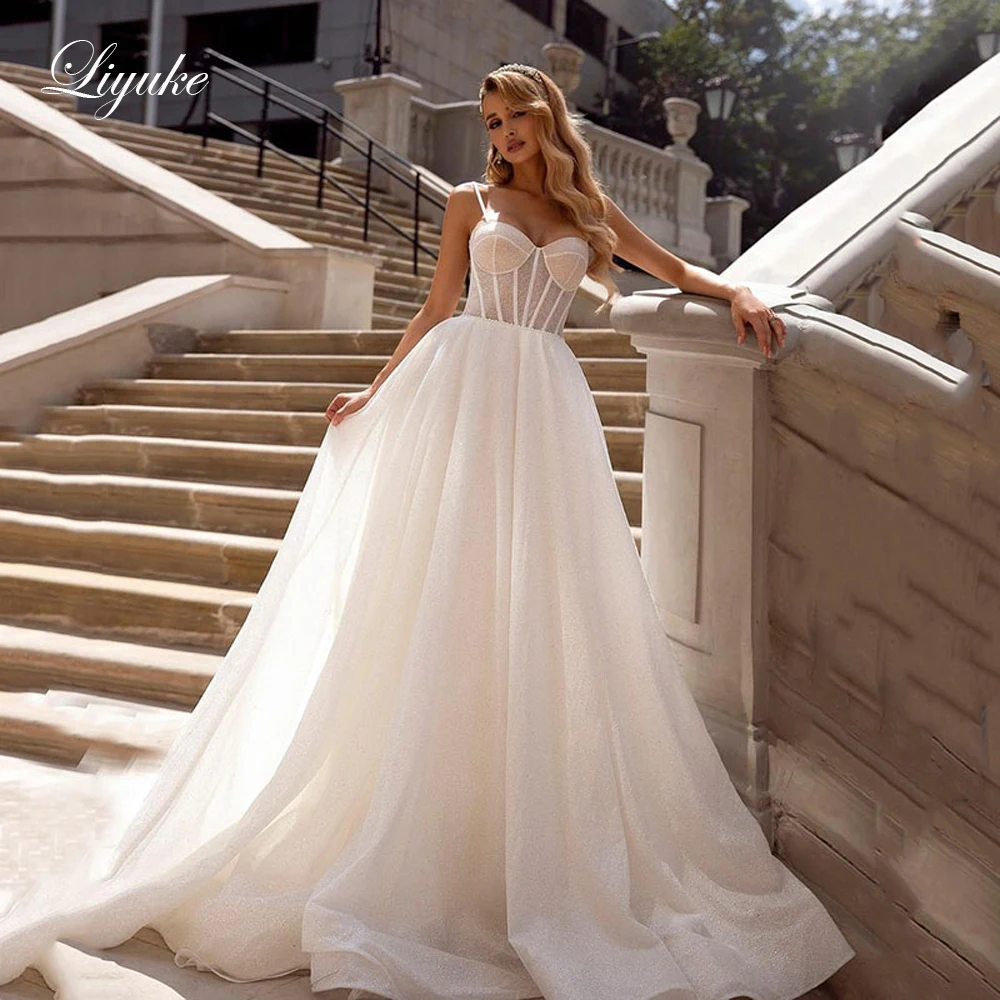 Liyuke Custom Made A Line Wedding Dress With Spaghetti Strap Of Sweetheart Neckline Of Shiny Sparkle Lace