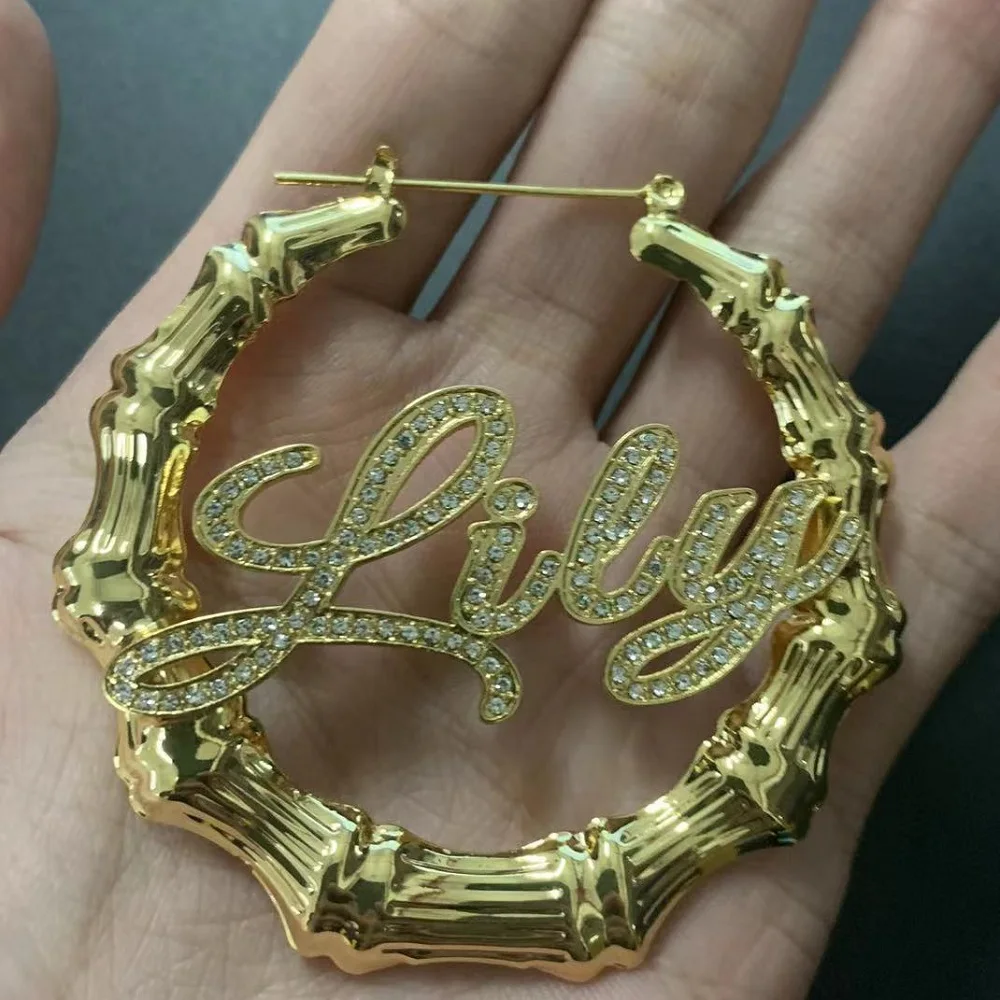 Sexy Gold Carved Custom Bamboo Name Earrings Diamond Personalized Gothic Crystal Hoop Letter Nameplate Earrings Birhtday‘s Gifts