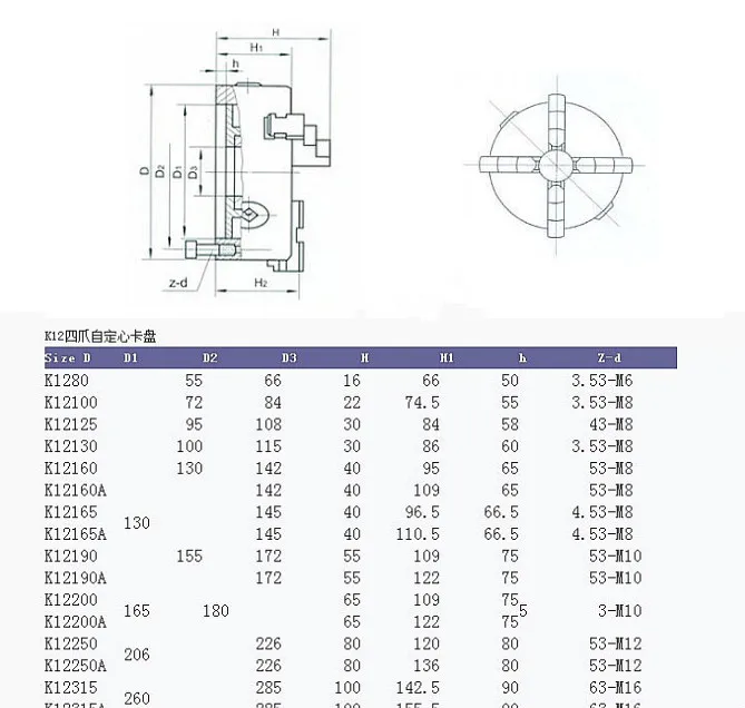 K12 80 100 125 Lathe Chuck Four-jaw chuck Four-jaw self-centering chuck 250 80 100 125 130 160 200 Four-jaw linkage