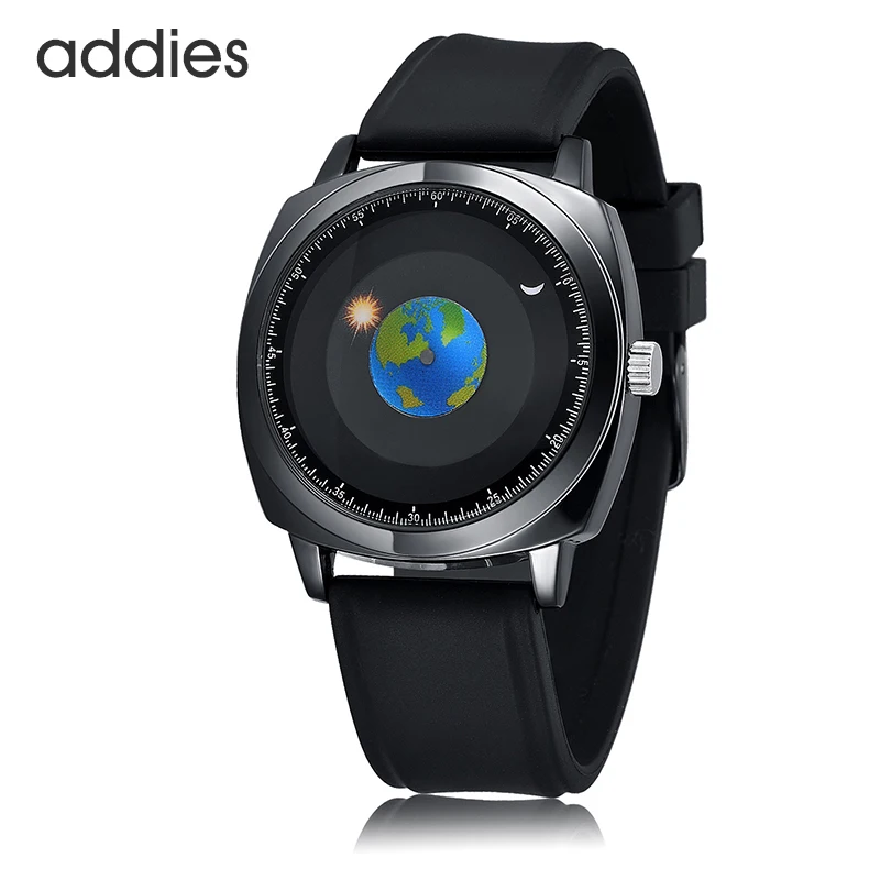 Addies Watch Fashion Creative Design Rotation Earth Sun Moon Watches Men Casual Leather Band Quartz Watches Relogio Masculino