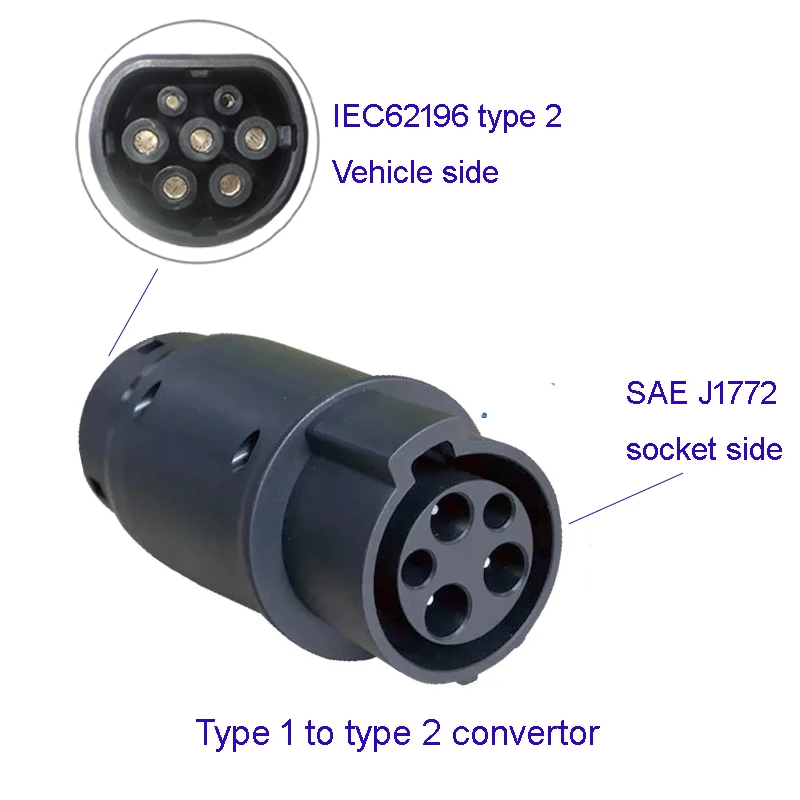 EVSE-Adaptador tipo 1 Tipo 2 para coche eléctrico, convertidor, conector, cargador EV, negro