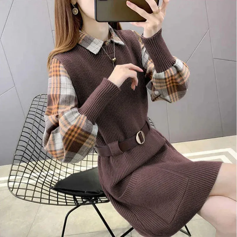 Lattice Shirt Vest Fashion Knitting Ladies 2PCS  2024 Spring Autumn New Style Medium And Long  Slim Fit Female Wool Dress