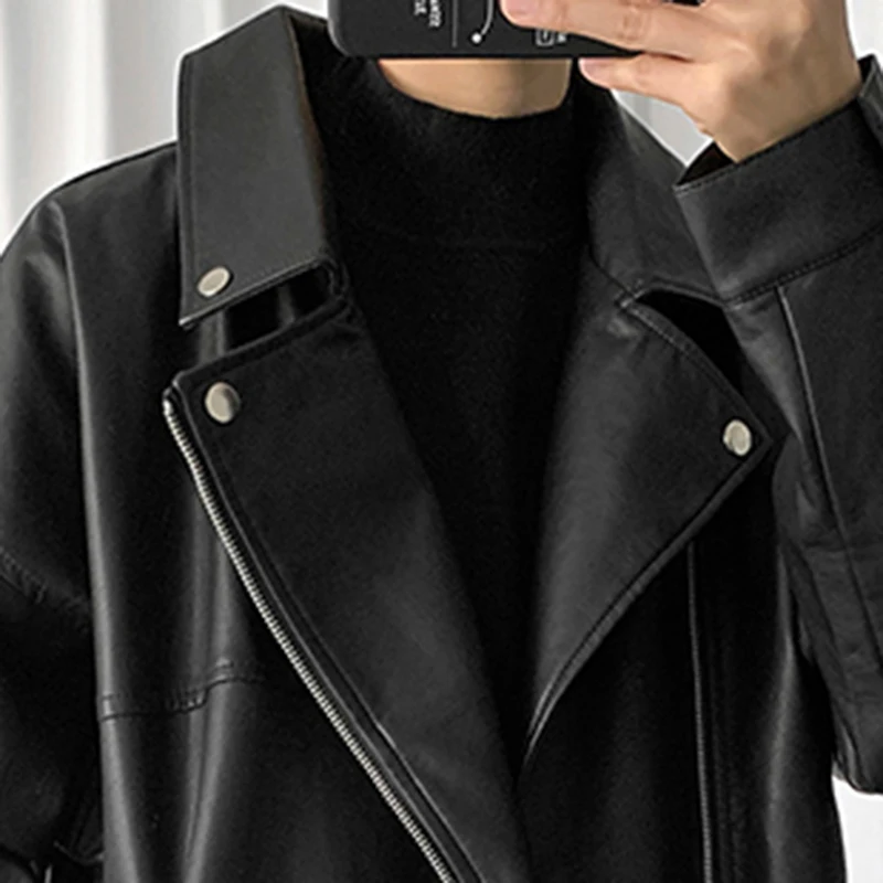 Mauroicardi Spring Black Oversized Leather Biker Jacket Men Casual Loose Korean Fashion 2021 Faux leather Jackets for Men Brand