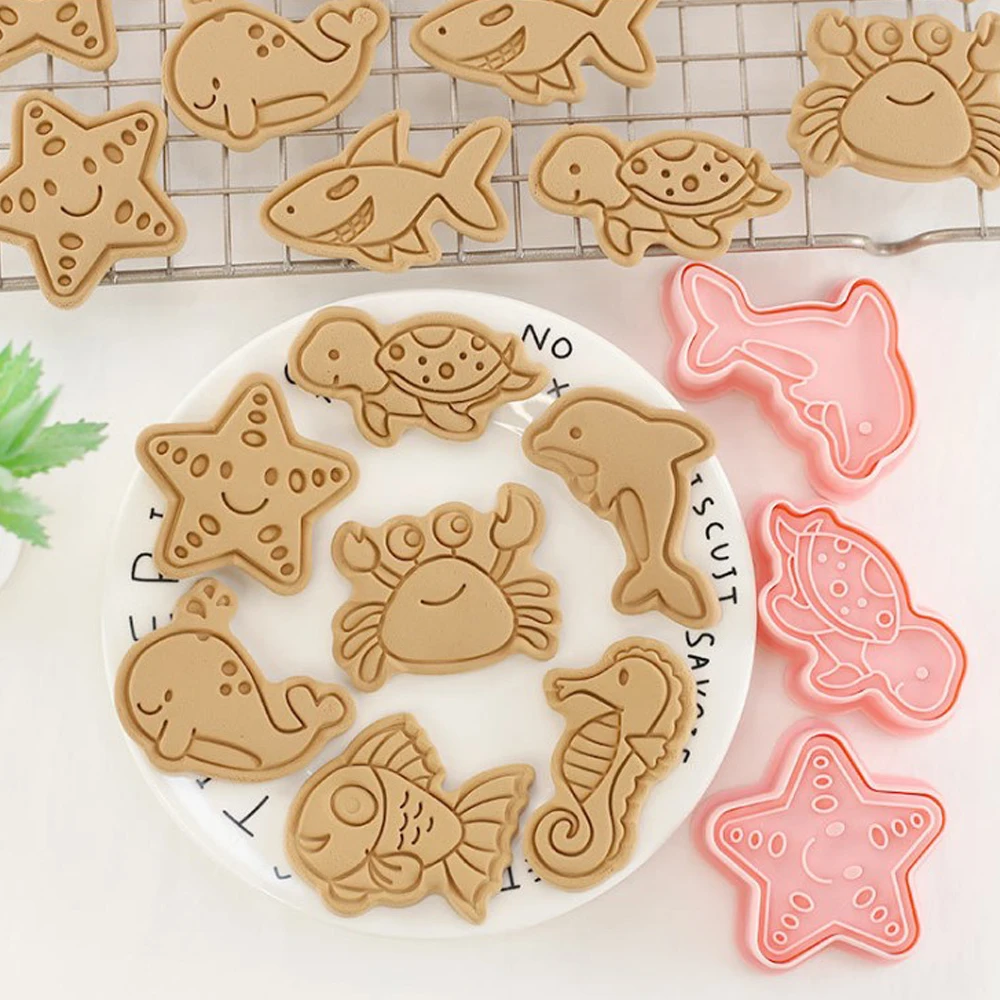 8Pcs/Set Marine Life Cookie Mold Crab Starfish Dolphin Pattern Mold 3D Cookie Cutter Sugarcraft Fondant Home DIY Baking Tools