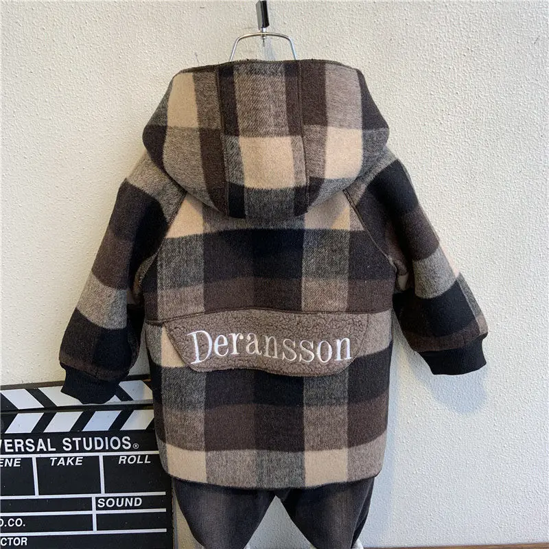 fall Winter Fleece Jackets For Boy Trench Children\'s Clothing 2-10Y Hooded Warm plaid Outerwear Windbreaker Baby Kids Coats