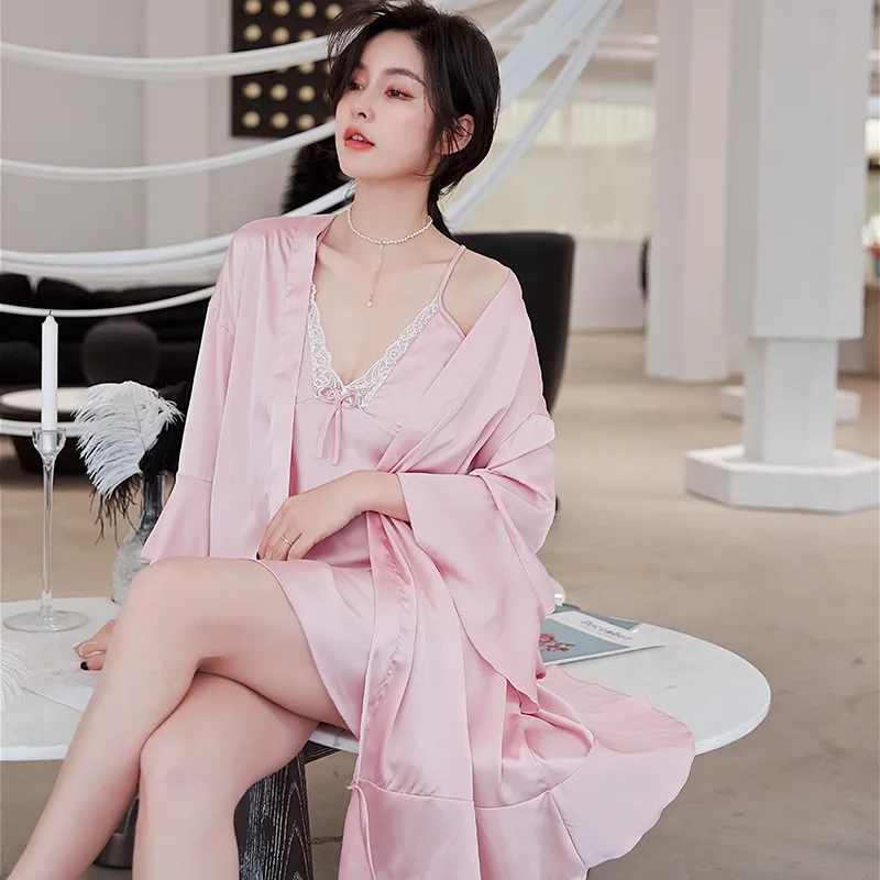 

2PCS Women Ruffles Sleeve Robe Sets Sexy Lace Nightgown Kimono Bathrobe Rayon Sleep Suit Sleepwear Nightgown Summer Home Dress