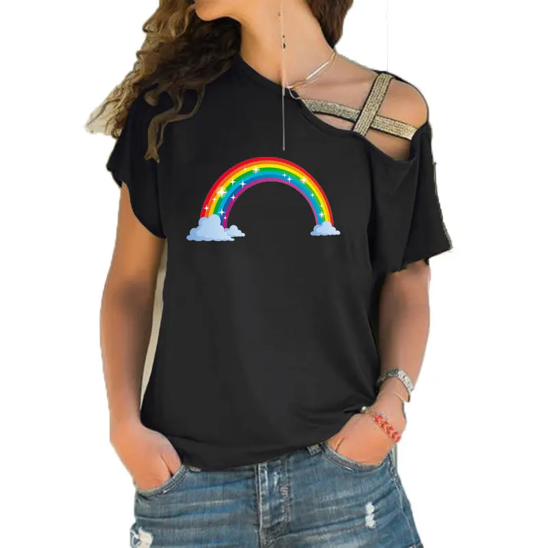 

Women Rainbow graphic t shirt Women's Short Sleeve fashion new tshirt Irregular Skew Cross Bandage tee tops