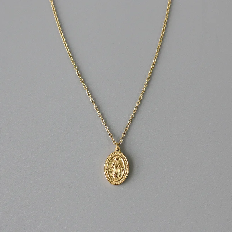 Amaiyllis 18k Gold Virgin Mary Double Side Oval Clavicle Necklace Pendant Handmade Choker Boho Collier Femme Collares Jewelry