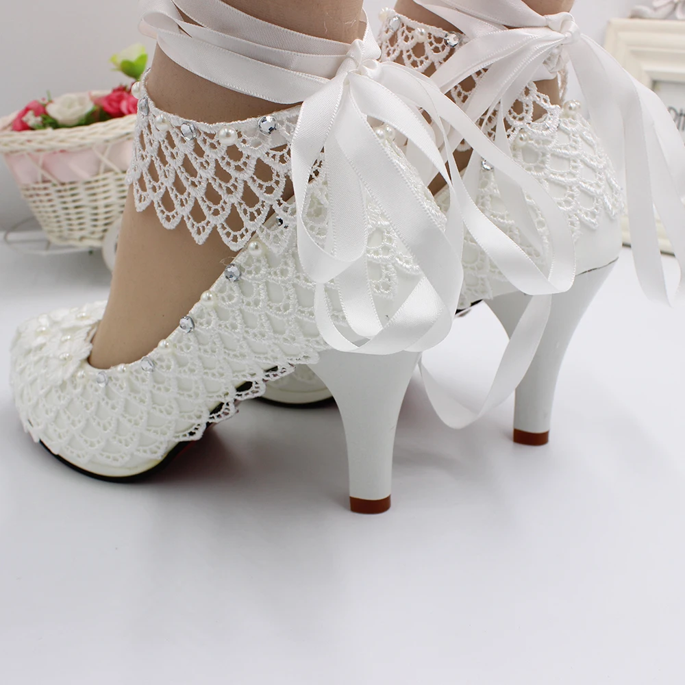 Lace high-heeled wedding shoes 2022 new white wedding dress bridal shoes European and American style lace lace-up wedding sBH139