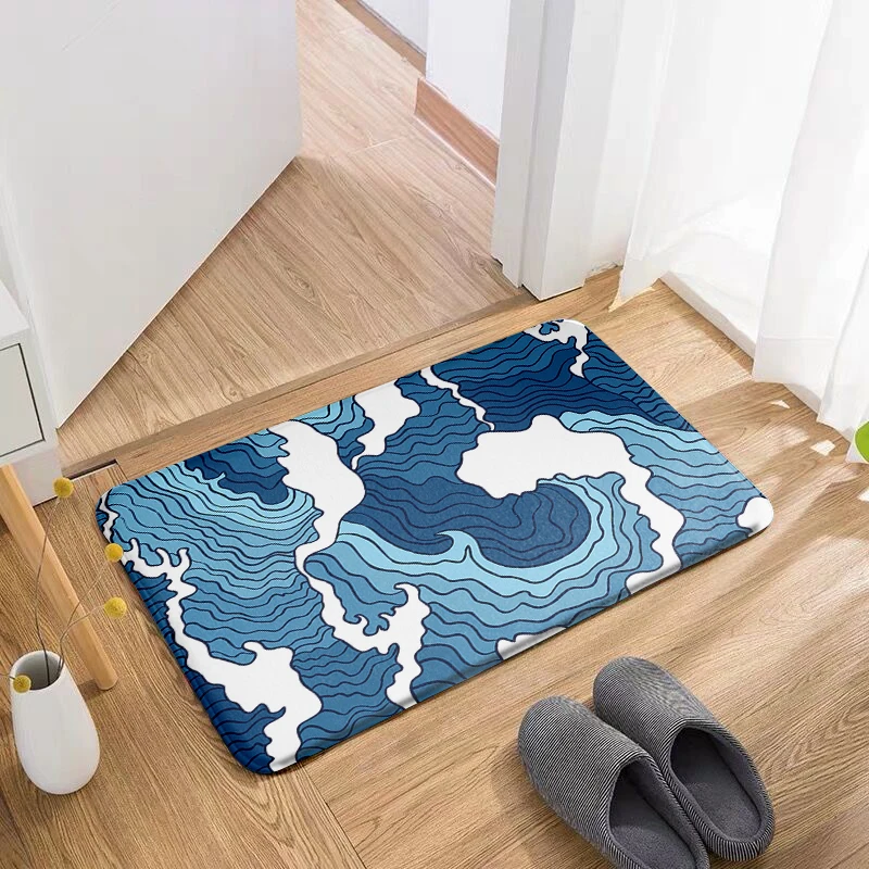 3D Printed Japanese Wave Ukiyoe Carpet Modern Living Room Waterproof Door Mat Corridor Kitchen Bath Flannel Mat Home Decor Rug