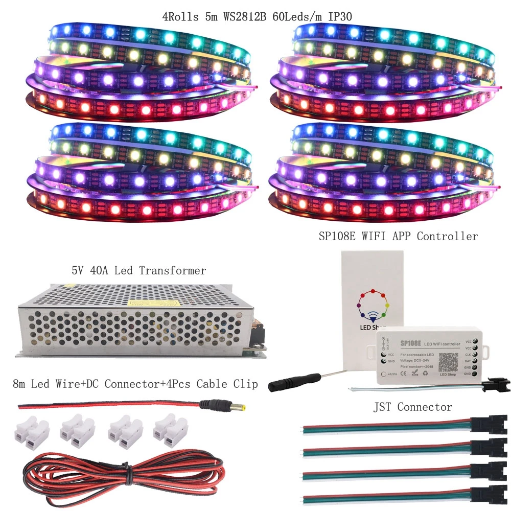 

WS2812B WS2812 Individually Addressable RGB Led Strip Light Kit DC5V Led Transformer Power Supply SP108E WIFI Led Controller