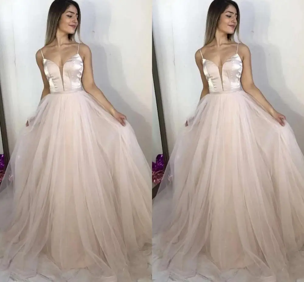 Robe de soirée forme trapèze, tenue de soirée Simple et élégante, couleur Champagne, col en V, bretelles Spaghetti, Tulle, 2021