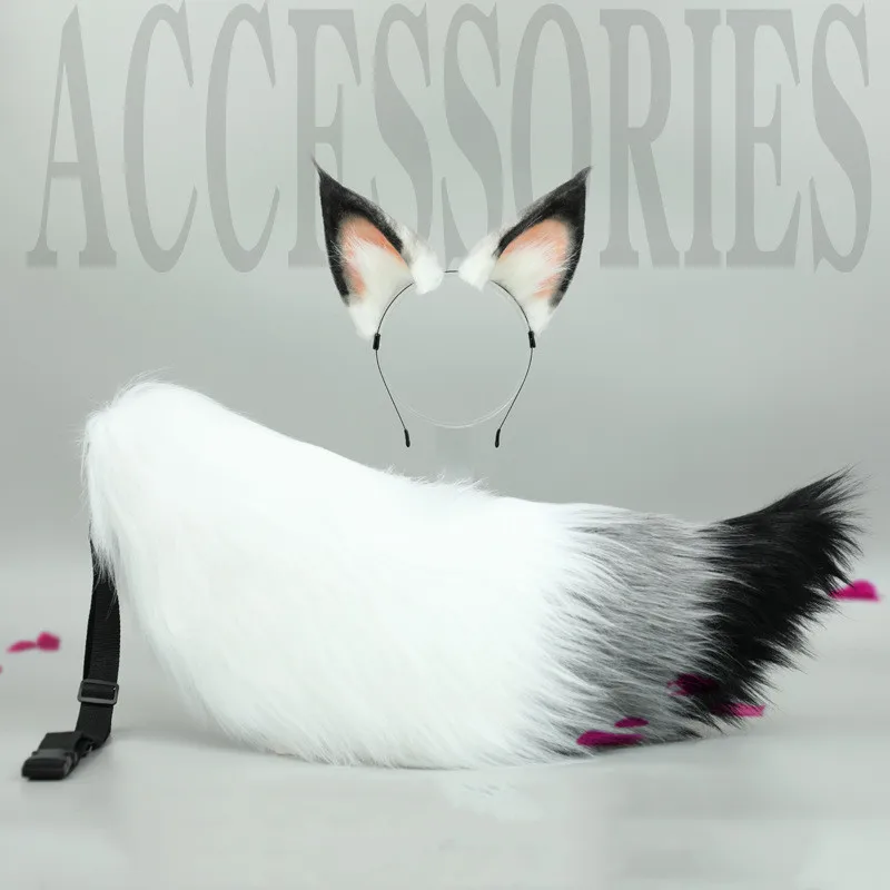 New White Fox Anime Beast Ear and Tail Cosplay Props Hand Made Plush Wolf Ears Headband Custom Cosplay Lolita Kawaii Accessories