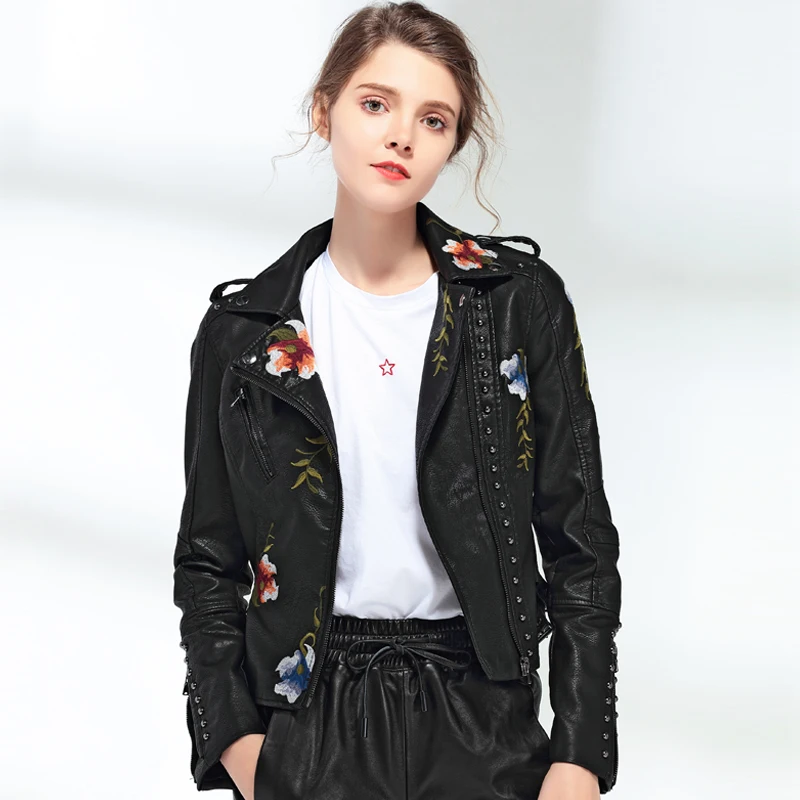 Women Print Embroidery Faux Soft Pu Leather Jacket Coat Turn-down Collar Casual Motorcycle Black Punk Outerwear