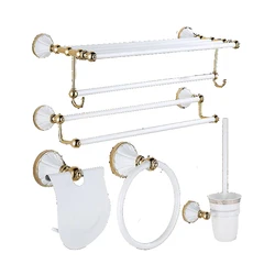 LANGYO Luxury Bathroom Accessories Bathroom Hardware Set White&Gold Pendant  Polished Toothbrush Towel Bar Cloth Hook Towel Rack