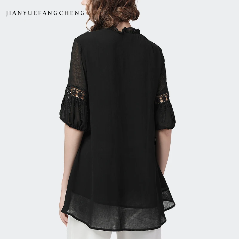 Lantern Sleeve Loose Casual Women\' Black Chiffon Blouse Lace Appliques V-Neck Hollow Out Ladies Tops Plus Size Mid-Length Shirt