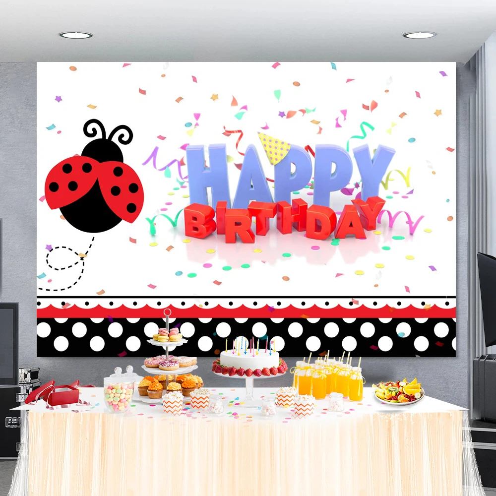 

Laeacco Baby Cartoon Ladybug Birthday Backdrops Child Birthday Party Poster Customized Photo Backdrop Photography Background