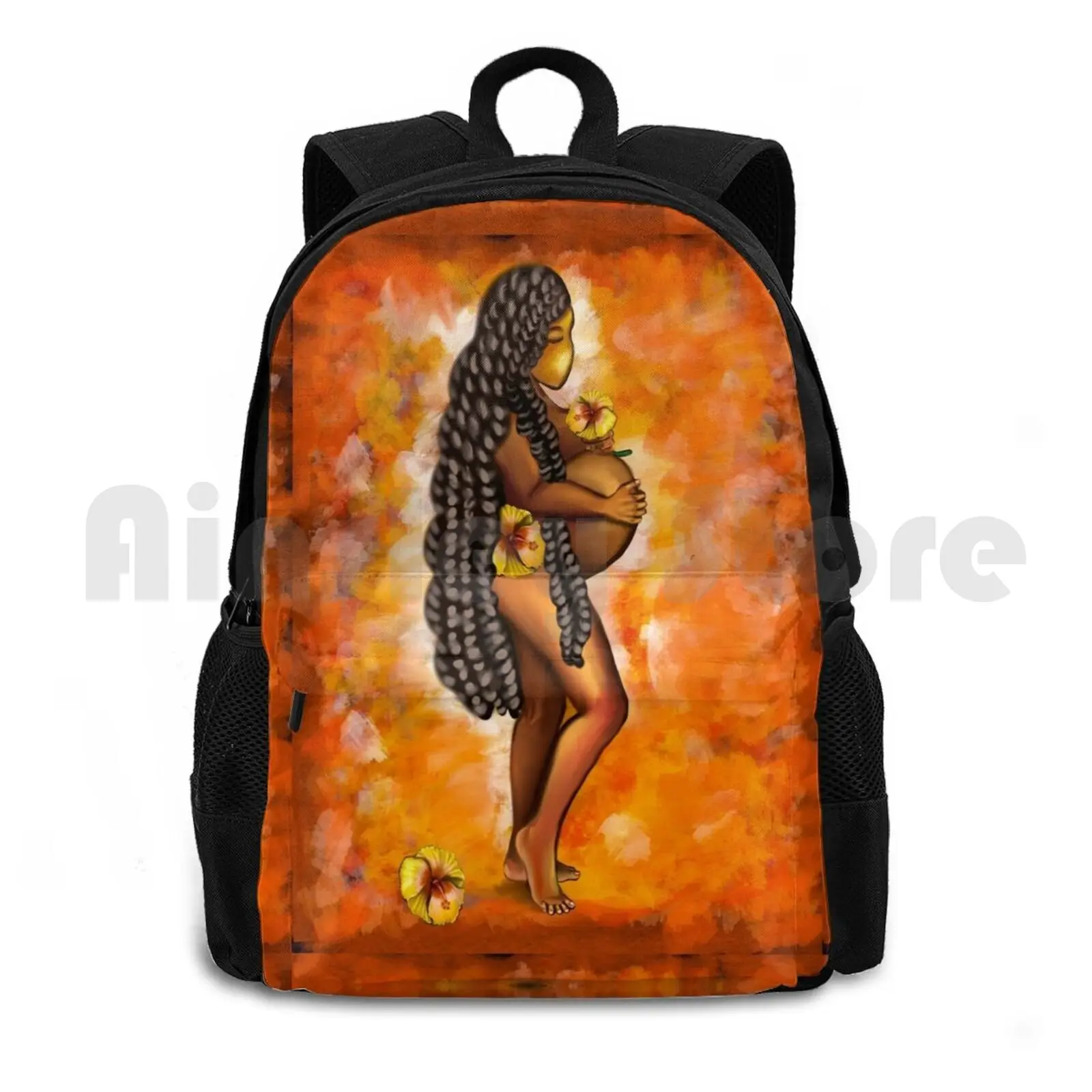 

Mother Mama Mom-Pregnant Woman With Yellow Hibiscus Flowers. Mother’s Day Outdoor Hiking Backpack Waterproof Camping Travel