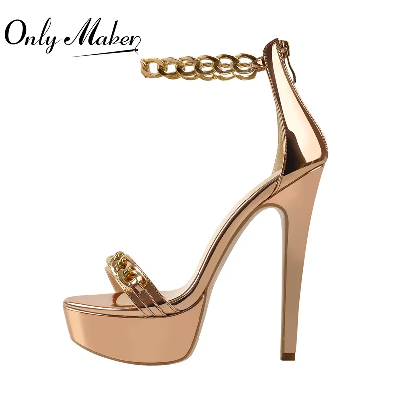 OnlymakerWomen Platform Sandals Gold Patent Leather Metal Chain Stiletto High Heel Shoe Zipper Big Size Elegant Summer Heels