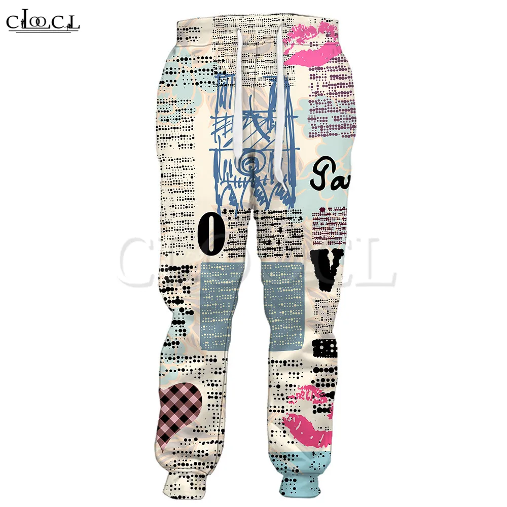 HX Newspaper Print Trousers 3D Personality Sweatpants Elastic Lacing Pockets Jogging Pants Men For Women Harajuku Streetwear