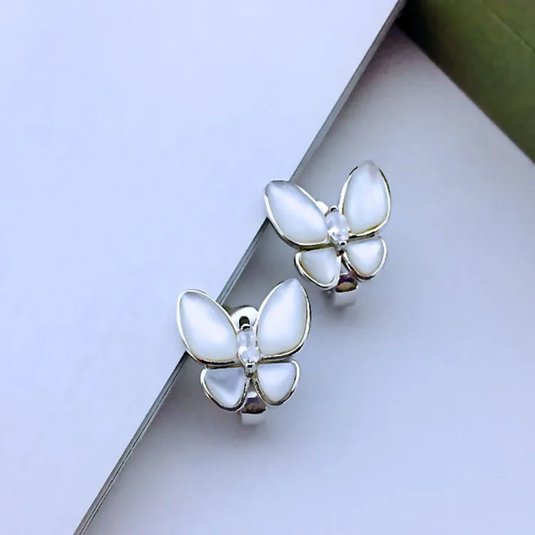 

High Quality Trendy Women Jewelry Bijoux Natural Shell With Zircon Butterfly Earrings Stud Real 925 Sterling Silver Earrings