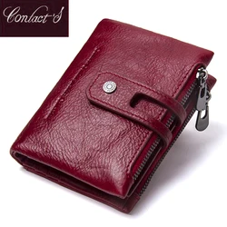 Contact'S Genuine Leather Fashion Short Wallet Women Zipper Mini RFID Blocking Coin Purse Card Holder Wallets for Women