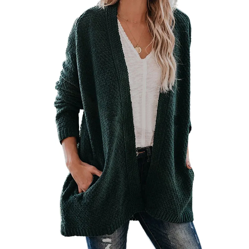 New Womens Solid Color Knitted Cardigan Sweater With Pocket Ladies Casual Medium Length Long Sleeve Outwear Coat For Fall Winter