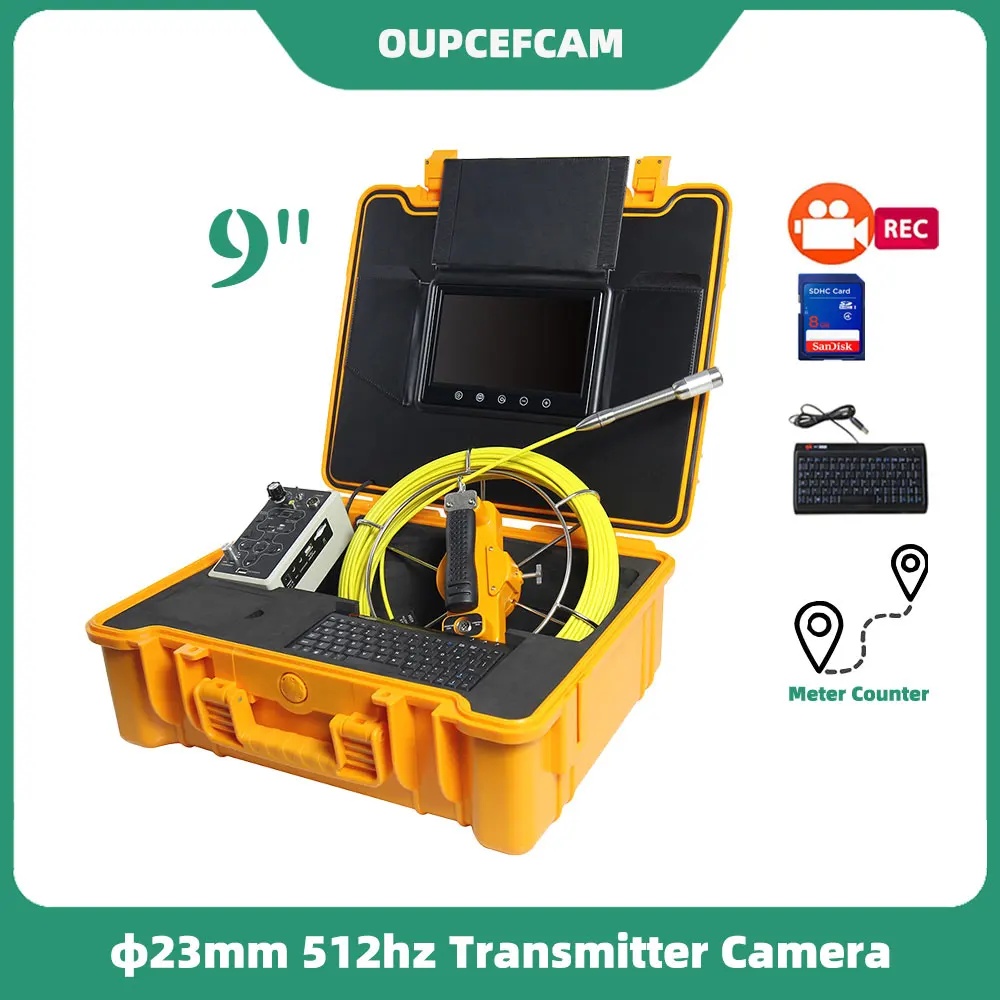 

φ23mm Camera 512hz Transmitter Built-in Drain Pipe Inspection Endoscope 9" Touch Screen DVR Keyboard Meter Counter φ5mm Calble