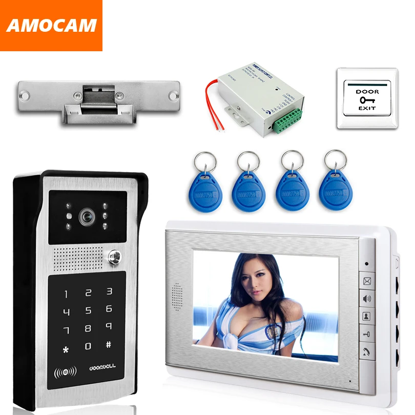 

7" LCD Video Doorbell video Door Phone Intercom System Aluminum Alloy password camera ID Card+Electric Door Strike Lock + exit