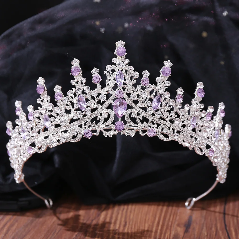 Gorgeous Silver Color Purple Rhinestone Tiaras Crowns Headbands Bride Party Crystal Diadem Bridal Wedding Hair Jewelry Ornaments