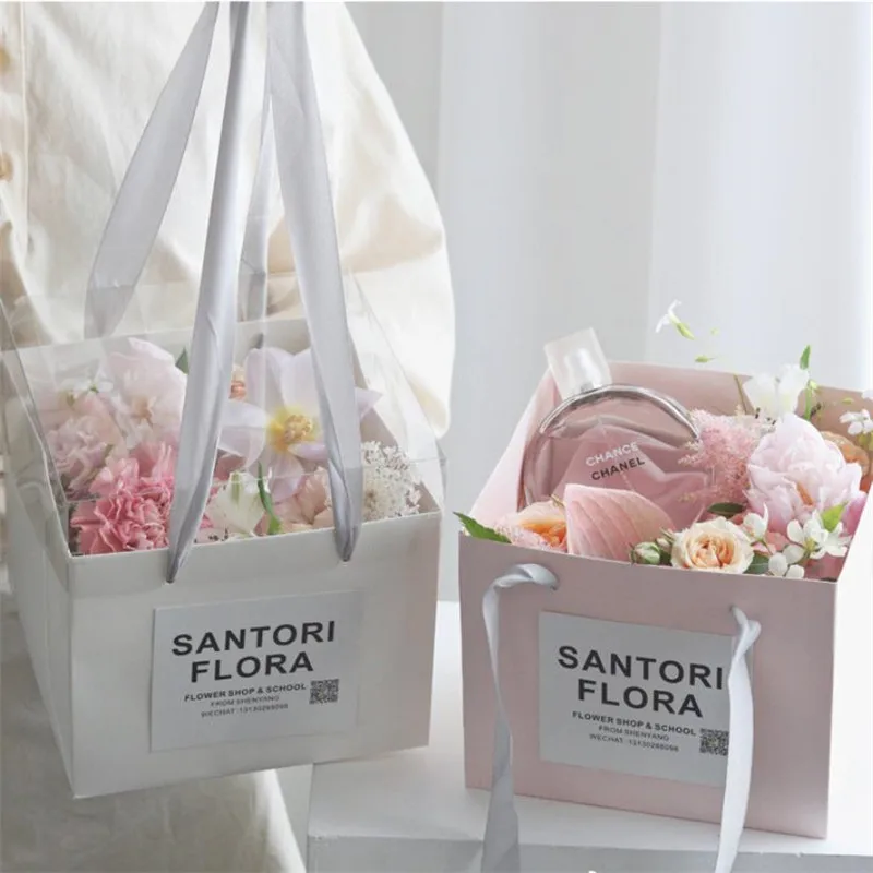 

Large Size 28x28x28cm Flower Packaging Handbag Square Kraft Paper Bag Bouquet Gift Box Gift Packaging Potted Plants Bag 20pcs