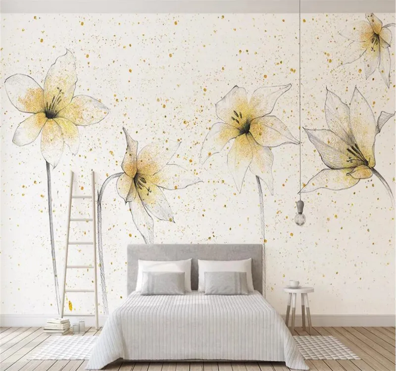 Professional custom high-end wallpaper modern small fresh garden golden lily Nordic wall - high-grade waterproof material