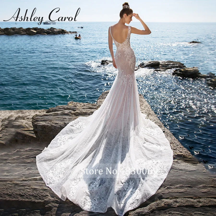 أشلي كارول حورية البحر فستان الزفاف رومانسية عارية الذراعين يزين مطرز الخامس الرقبة بلا أكمام ثوب الزفاف فساتين العروس الساطعة #2