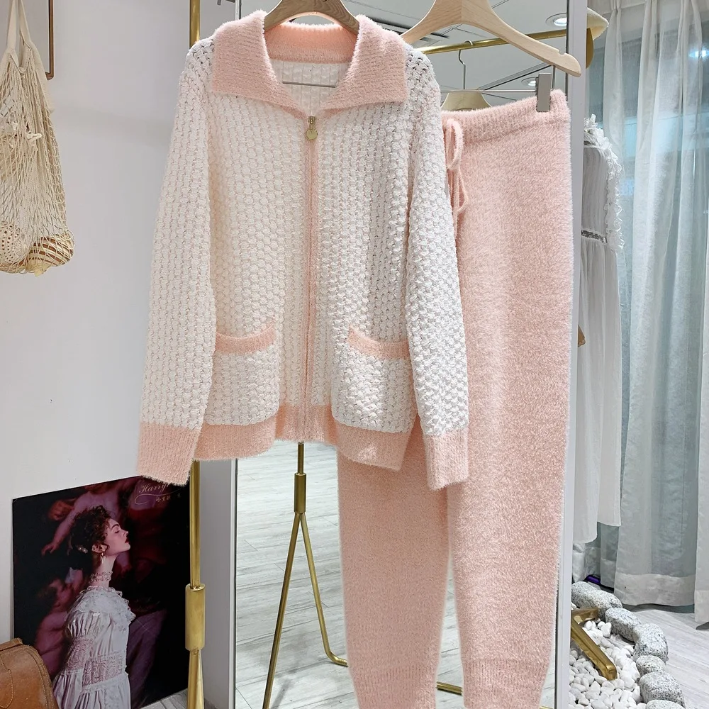 Pajamas suit ladies geometric plaid casual home wear autumn and winter warm long-sleeved pajamas pajamas zipper square collar