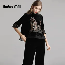 The new autumn woman two piece set Chinese style High end velvet embroidery coat+ elegant Wide leg pants 2 piece set women S-2XL