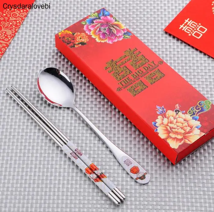 100 pcs/lot Stainless Steel Dinnerware Double Happiness Red Color Spoons Chopstick Sets Wedding Party Gifts For Guest