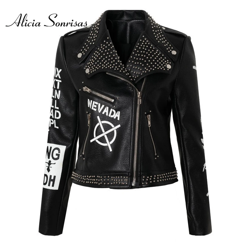 

2021 Spring Autumn Letter Leather Printed Jacket Rivet Korean Style Retro Urban Handsome Motorcycle Leather Women's Large Size