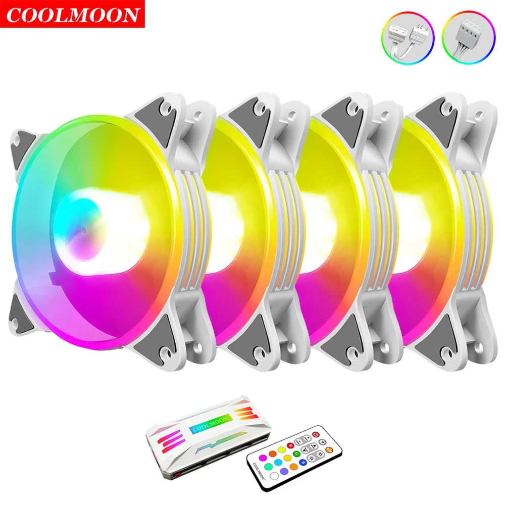 Coolmoon PC ARGB White Fan 5V 3Pin 120mm 4Pin PWM PC Case Chassis Cooler Magic Moon Heatsink Radiator for Computer Water Cooling