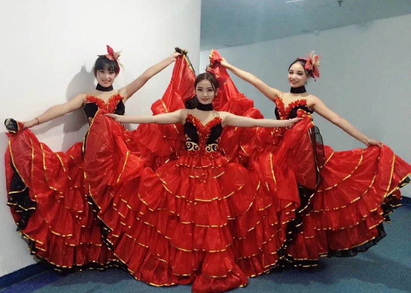 Flamenco Đầm Giang Hồ Váy Phụ Nữ Tây Ban Nha Bụng Trang Phục Lớn Cánh Hoa Điệp Khúc Diễn Sân Khấu Khi Mặc