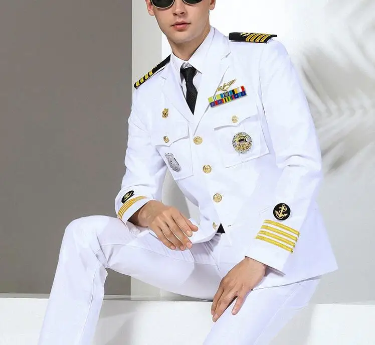 Men White US army cosplay party costume Autumen Navy uniform Captain Yacht uniform Military suit