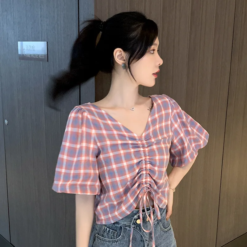 Blouse Shirts Red Plaid V Neck Ruched Drawstring Sexy Tee Women Tops Summer 2020 Puff Sleeve Ladies Loose Glamorous Blusas