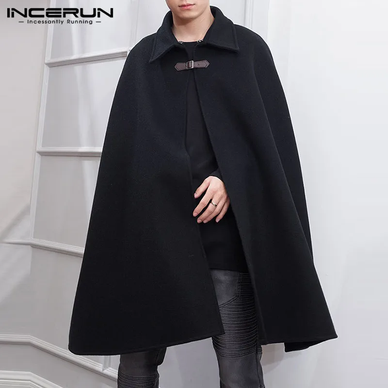 INCERUN 2023 Fashion Men Cloak Coats Solid Color One Button Lapel Cape Trench Streetwear Winter Faux Blends Overcoat Men Jackets