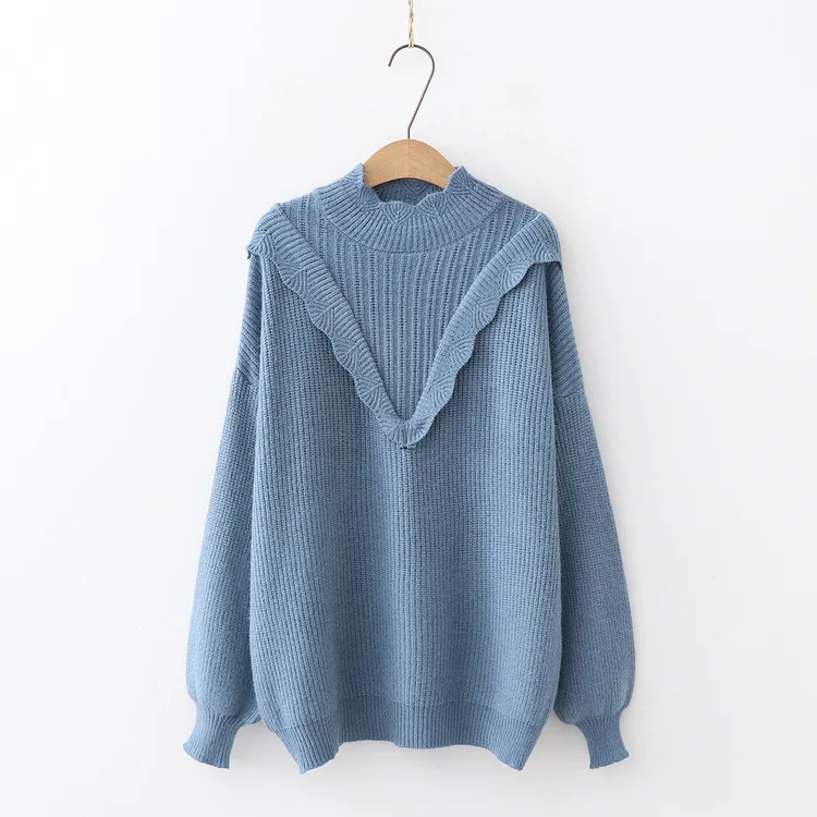 Winter Pure Color Sweater Women Long Sleeve Semi-high Collar Sweet Pullover Female Student Wooden Ear College Knitted Top H9474