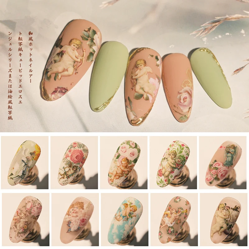 10 Sheets Vintage Angel Nail Foils for Transfer Paper Stickers Love Sliders Adhesive Nails Wraps Flower Nail Art Decorations