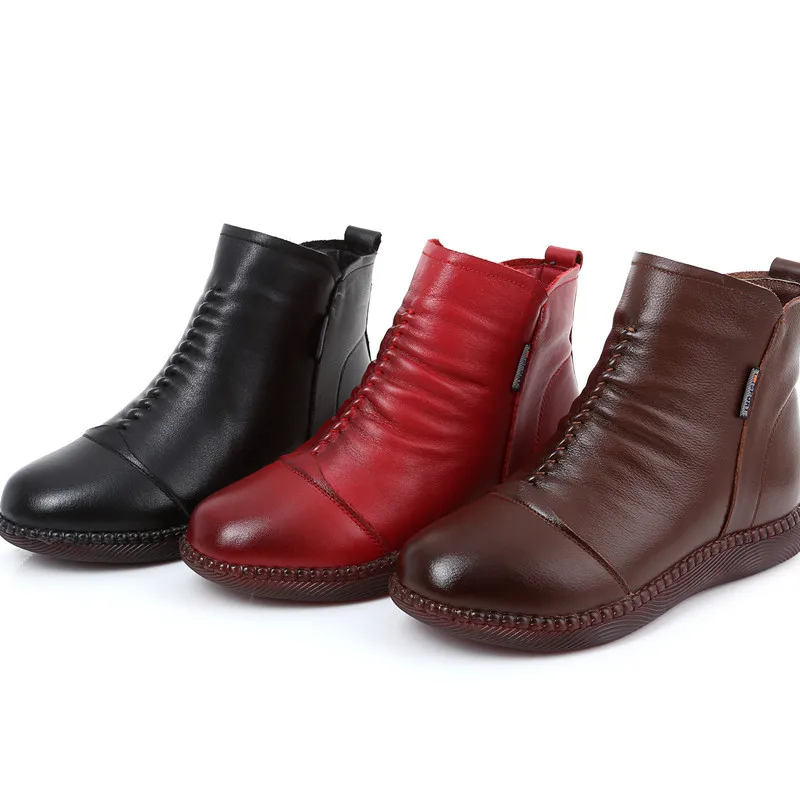 Female Flat Short Boots Genuine Leather Soft Bottom Cotton Shoes Large Size 42 43 Mother Shoes Winter Boots