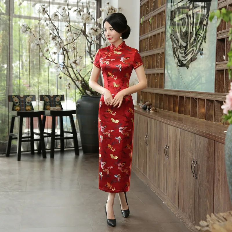 Longue robe traditionnelle chinoise Cheongsam Slim Floral papillon robes de soirée robes femmes élégante Qipao