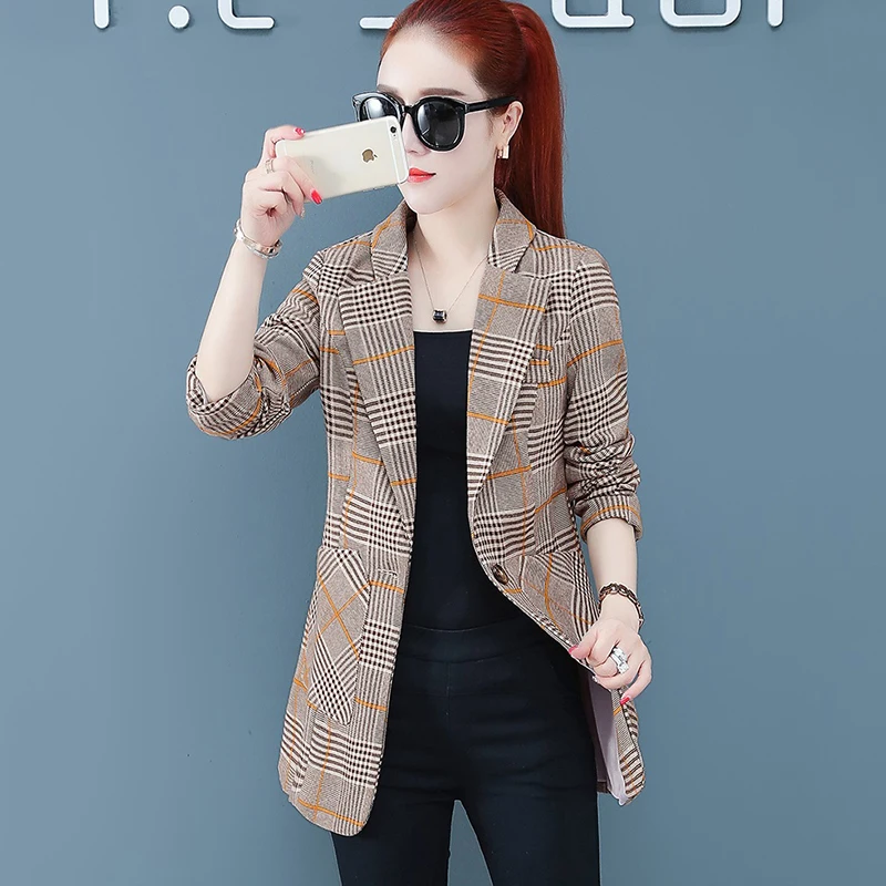 New Women's Plaid Suit Jacket 2022 Spring Autumn Clothes Casual Retro Suits Blouse Outerwear Basic Jackets Female Tops