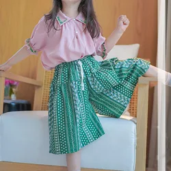 2022 Spring Summer New Girls Clothing Sets Country Style Girls Cute Fashion Embroidered Blouse+Wide Leg Pants Children'S Clothes
