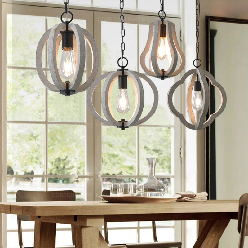Lampu gantung industri Lampu led kayu antik Perancis Lampu gantung lentera putih Liontin loteng Dapur Rumah Pertanian Kayu Kecil